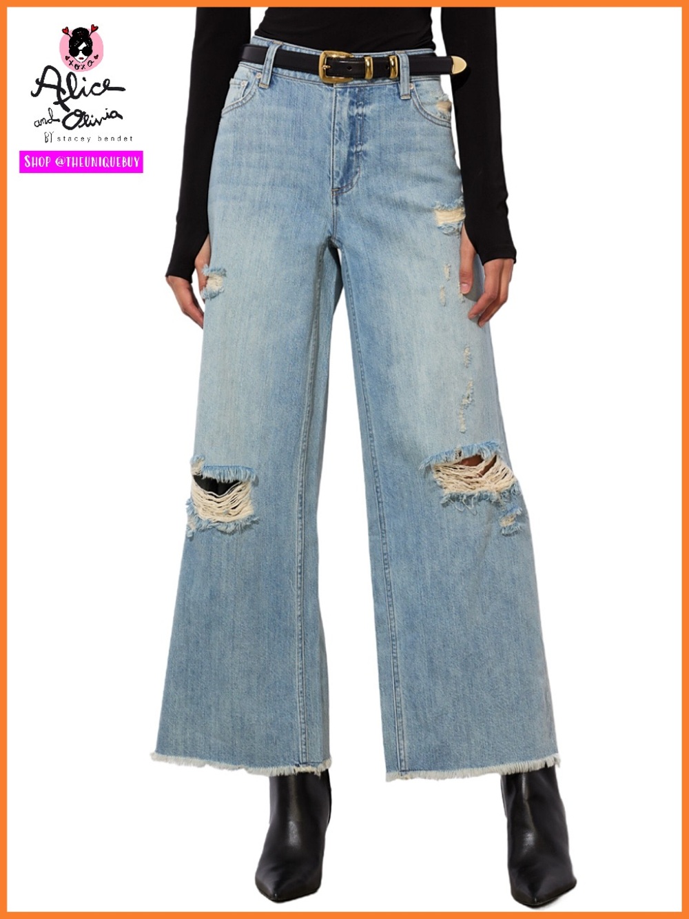 Alice + Olivia Devoe Distressed Blue Wash Ankle Jeans
